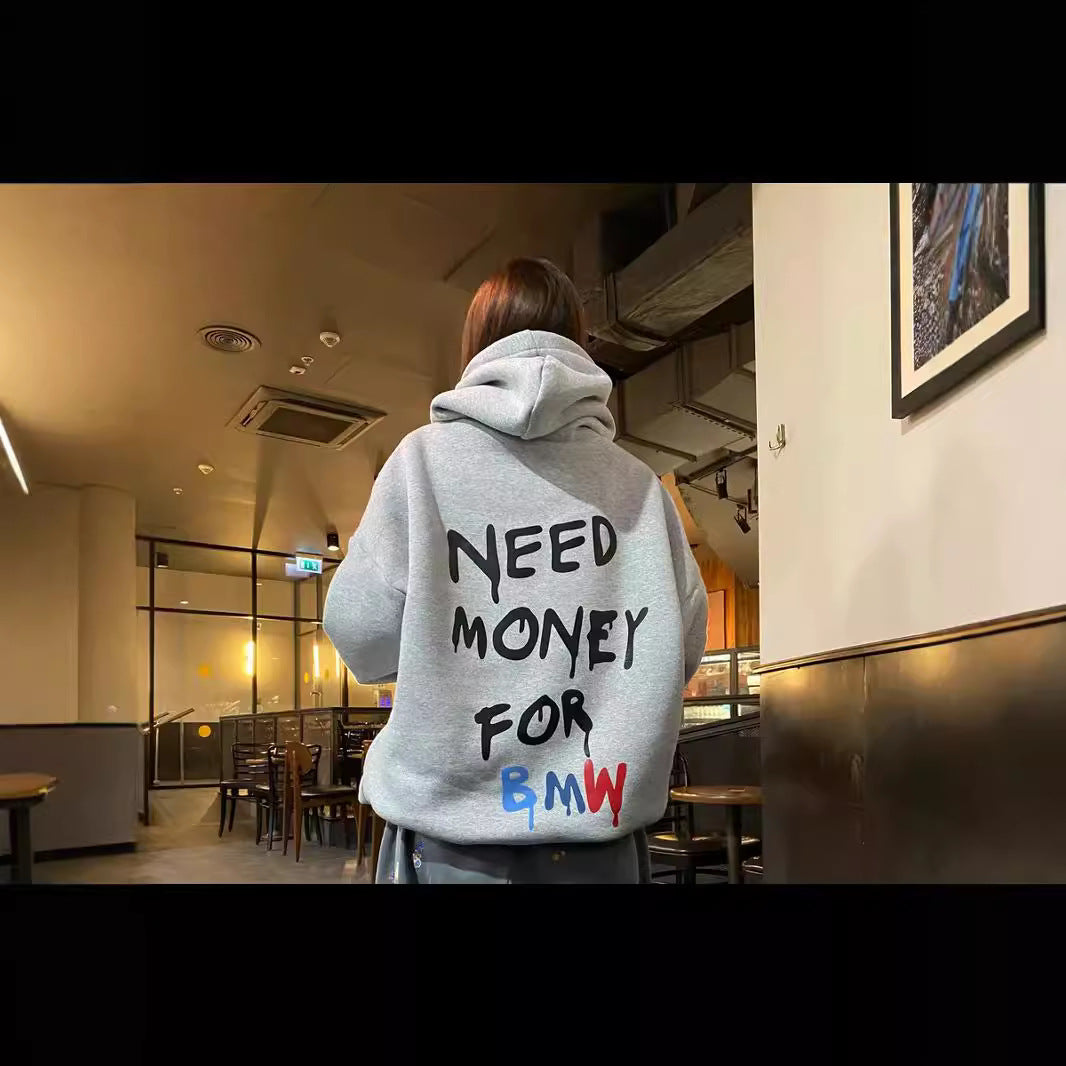 Casual Letter Print Loose Hooded Sweatshirt