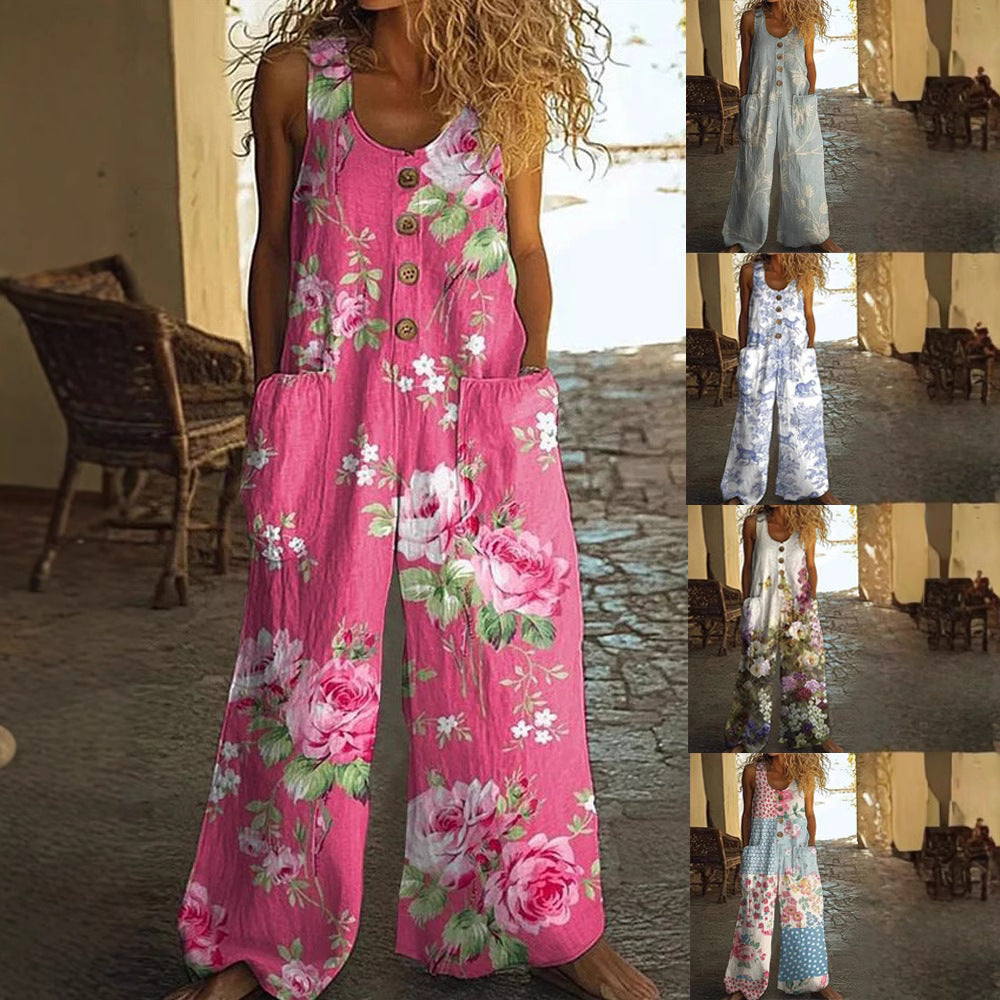 Women's Floral Sleeveless Pocket Jumpsuit