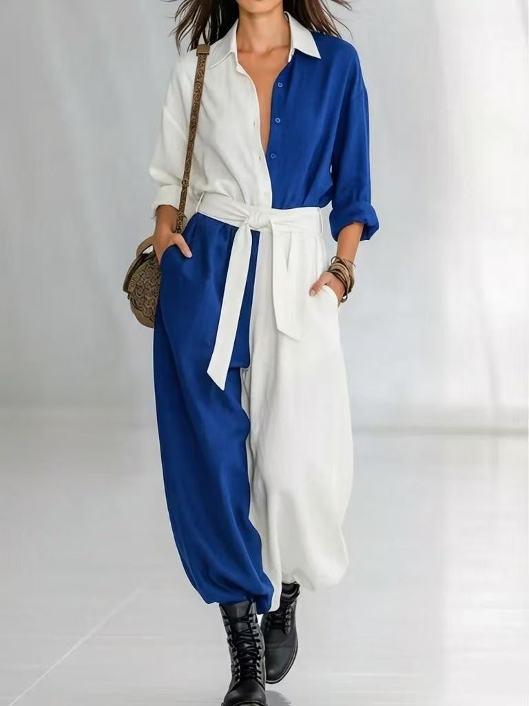 Spring Solid Colored Patchwork Long Sleeve Shirt Lace Up Jumpsuit