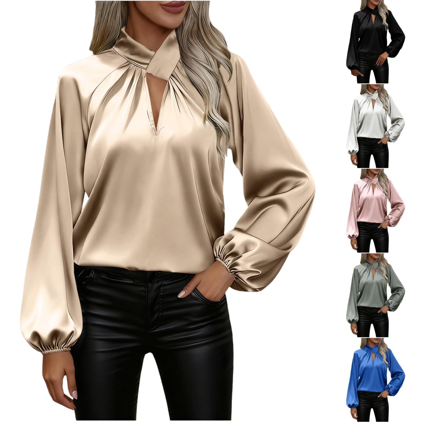 Womens Satin V-Neck Long-Sleeve Loose Top