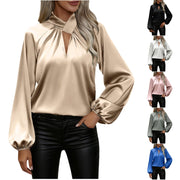 Womens Satin V-Neck Long-Sleeve Loose Top