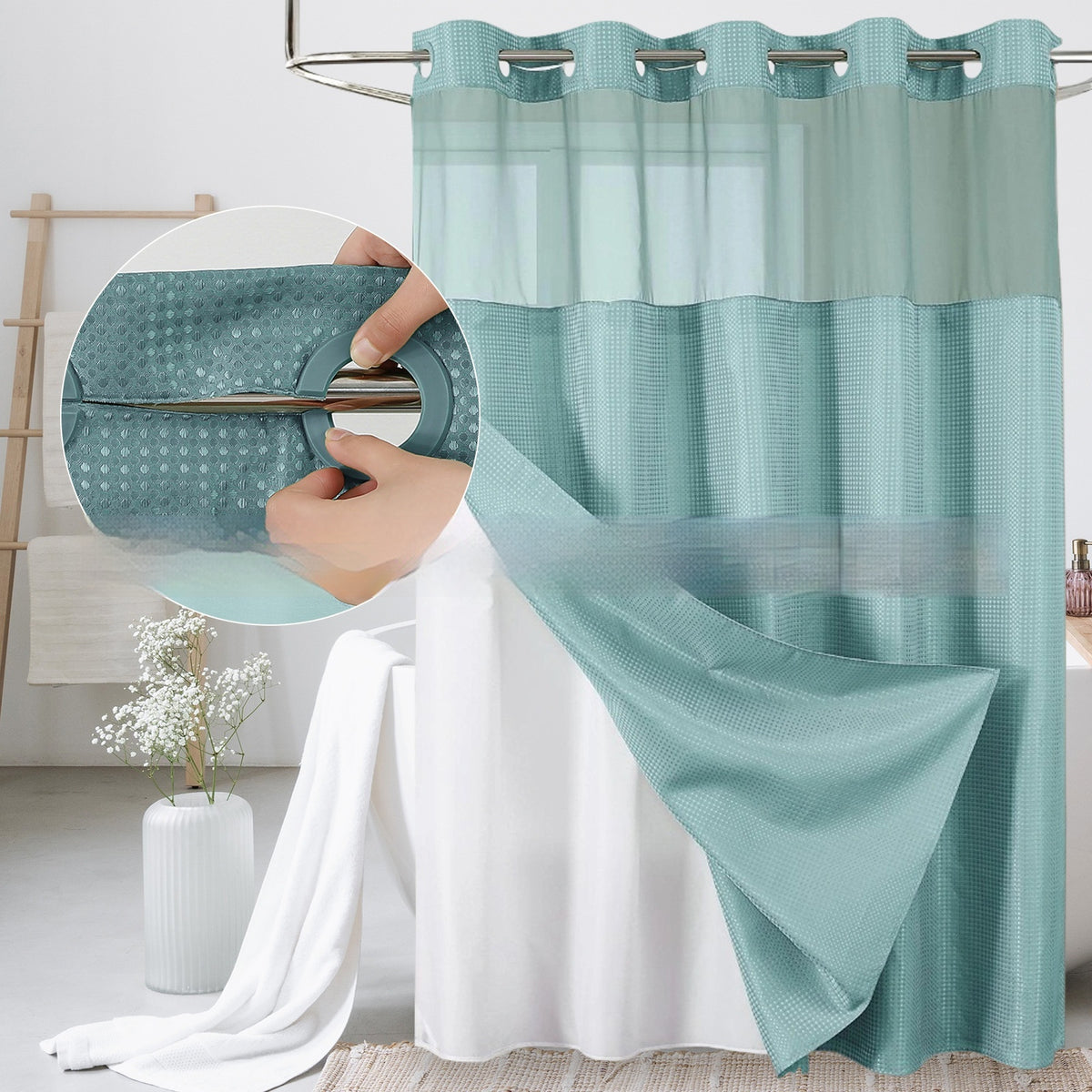Solid-color Waffle-patterned Double-layer Large-loop-lined Shower Curtain