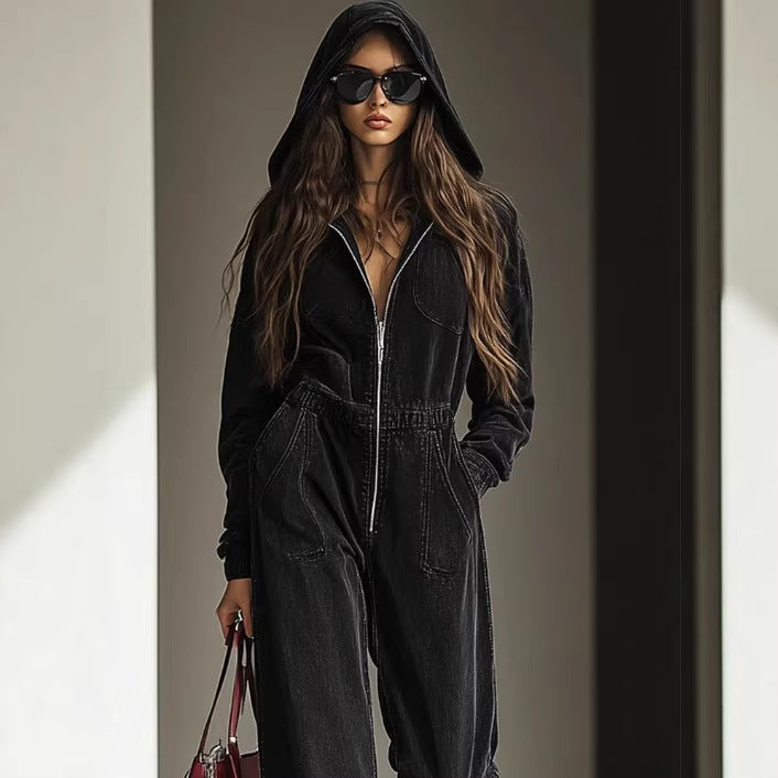 Retro Denim Hooded Jumpsuit with Elastic Waist