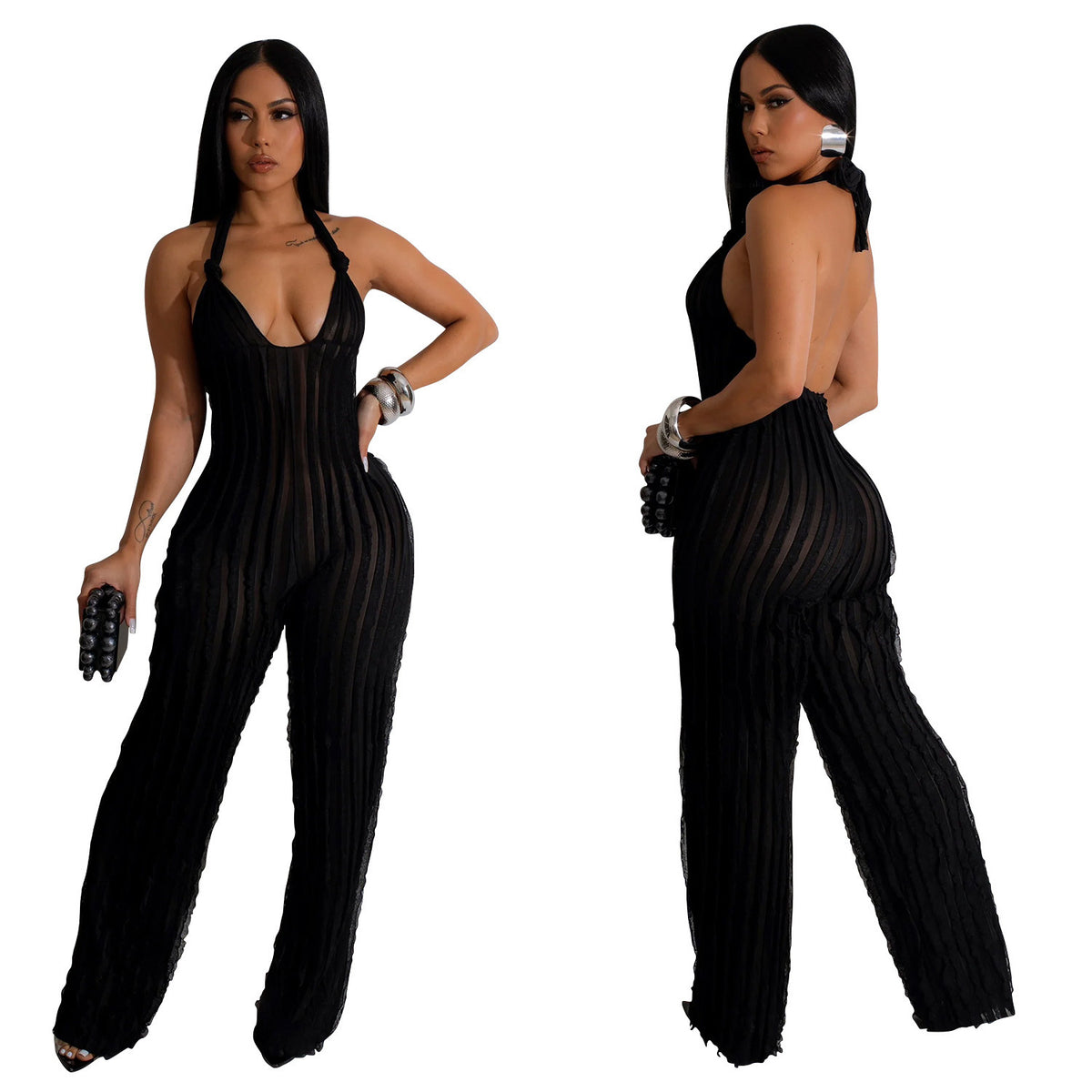 Women's Deep V Backless Pleated Halter Jumpsuit