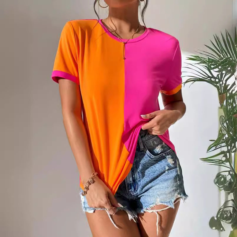 Casual Colorblock Short Sleeve Round Neck Tee