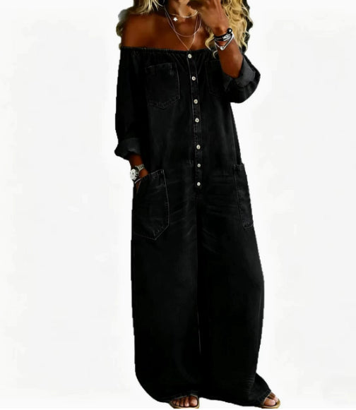 Denim Off-shoulder Pocket Jumpsuit