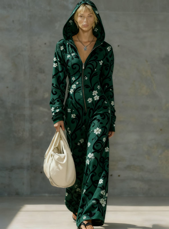 Printed Casual Hooded Zip-Up Slim-Fit Jumpsuit