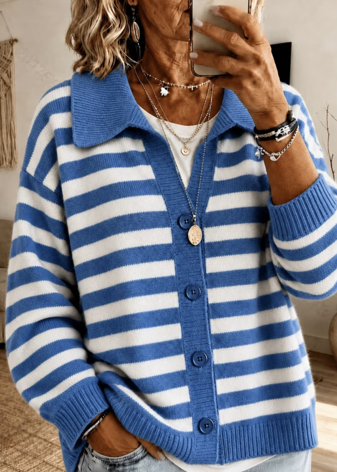 Womens Fashion Striped Lapel Knitted Jacket