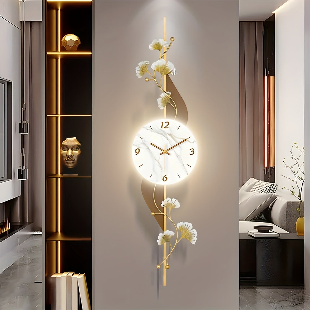 Large Metal Wall Clock Decorative 39.4 Inch, Decorative Painting with Clock Wall Art, LED Light Wall Clock Ginkgo Leaf Decorative, for Living Room, Bedroom, Home Office Entrance Home Decor (Size: Vertical)
