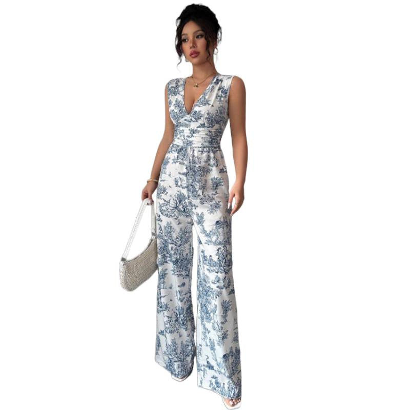 Elegant Blue & White Porcelain Print Wide-Leg Jumpsuit