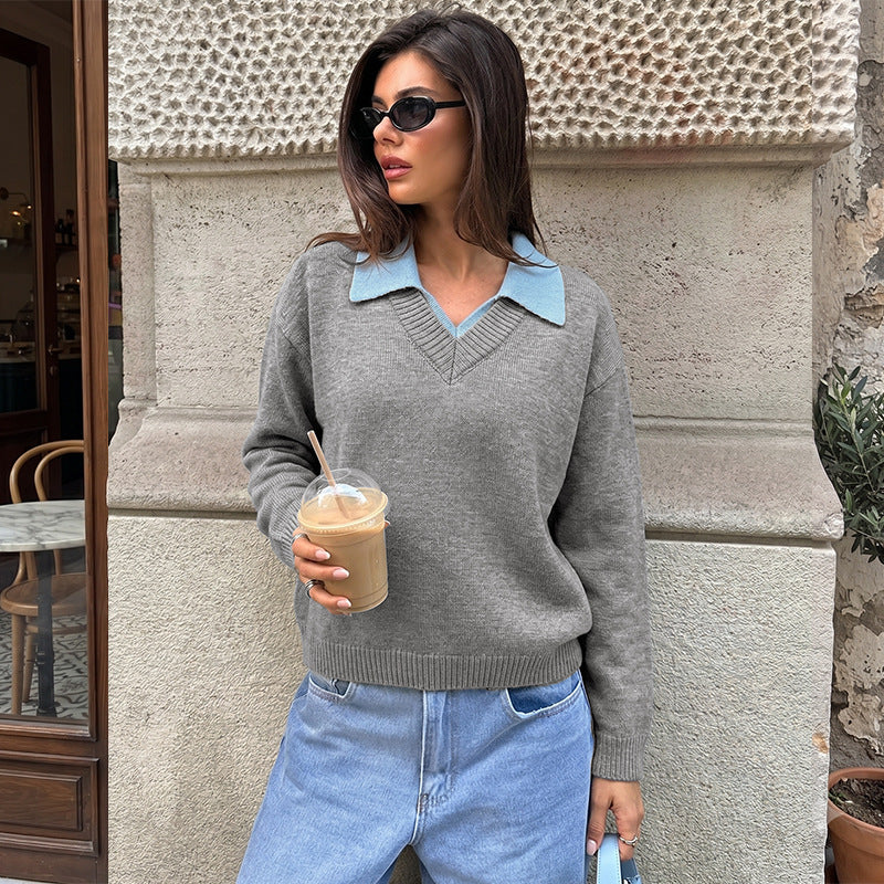New Autumnwinter Casual Color-block Long-sleeved Sweater for Women