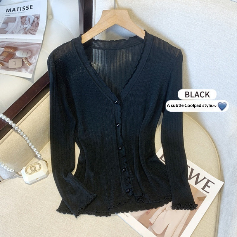 Summer Knitted Thin Outerwear Shawl Womens Long-sleeve Short Sun-protective Jacket