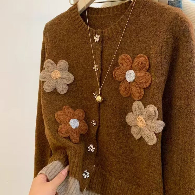 Korean Style Flower Loose Sweater Women's Autumn and Winter Lazy Embroidery