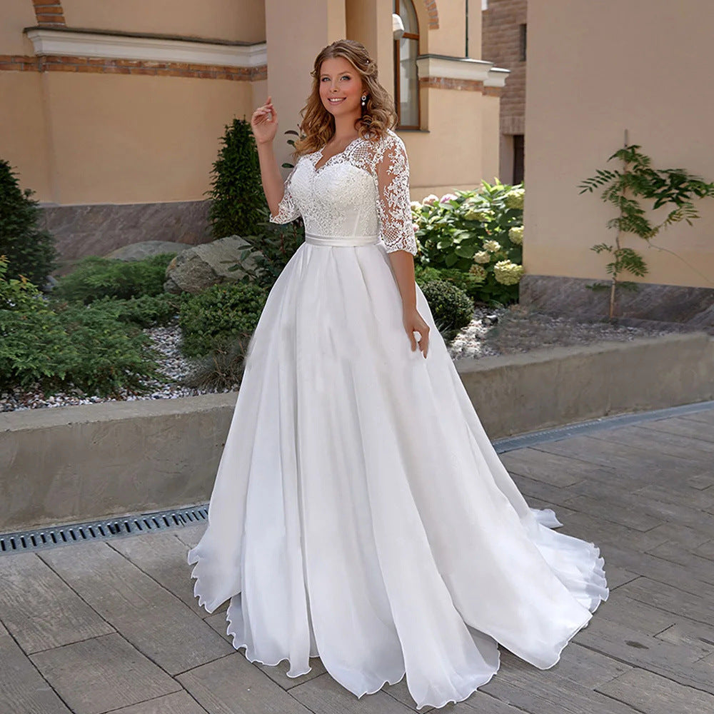 Plus-Size Lace V-Neck Wedding Dress with 3/4 Sleeves