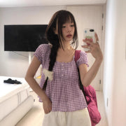 High-Waist Swing Top – Square Collar, Plaid, Light Purple