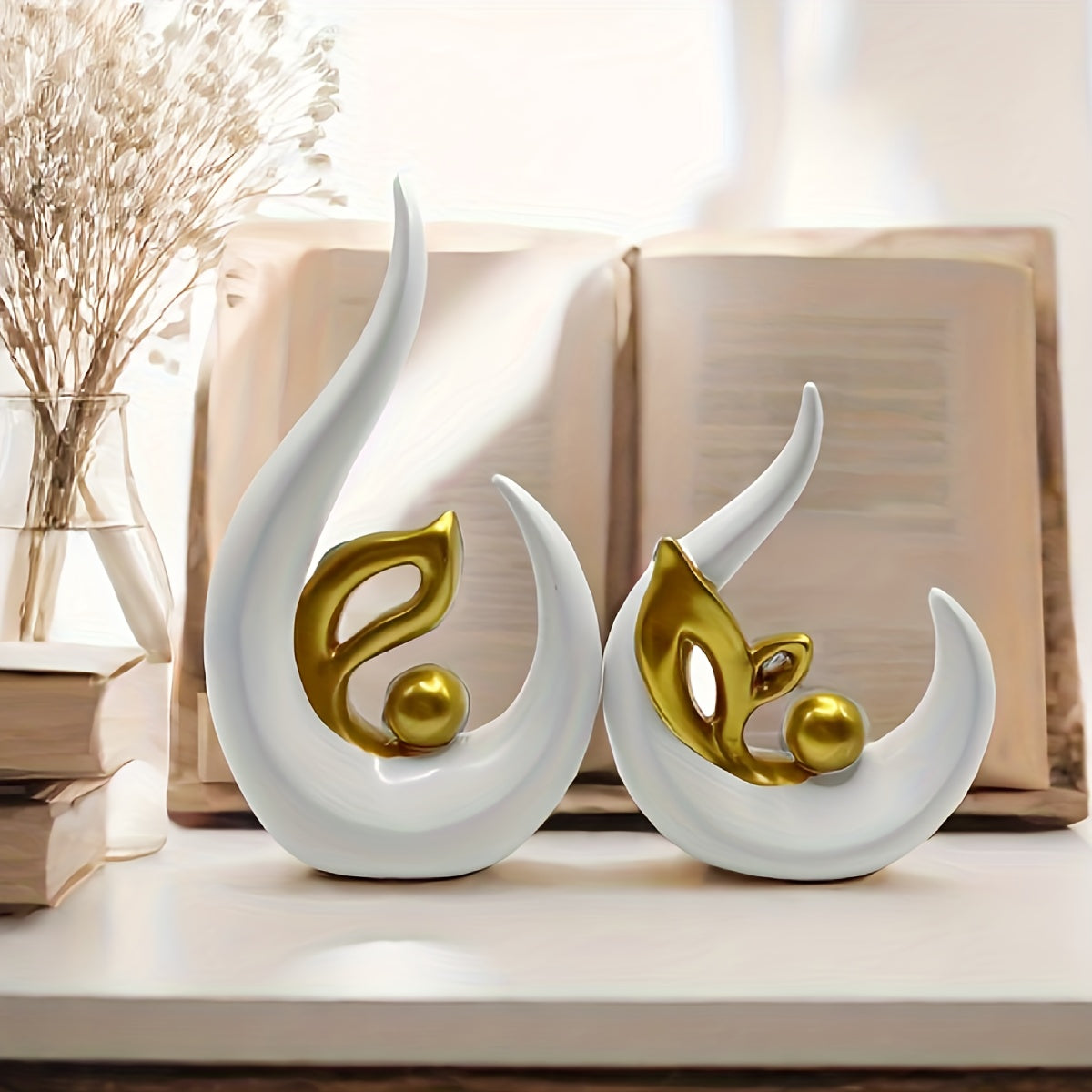 2pcs White Golden Home Decor Accent Ceramic Statue Abstract Sculptures Centerpieces Mid Century Modern Decor for Tables Coffee Table top Decorations for Living Room Desktop Shelf Dining Room Kitchen