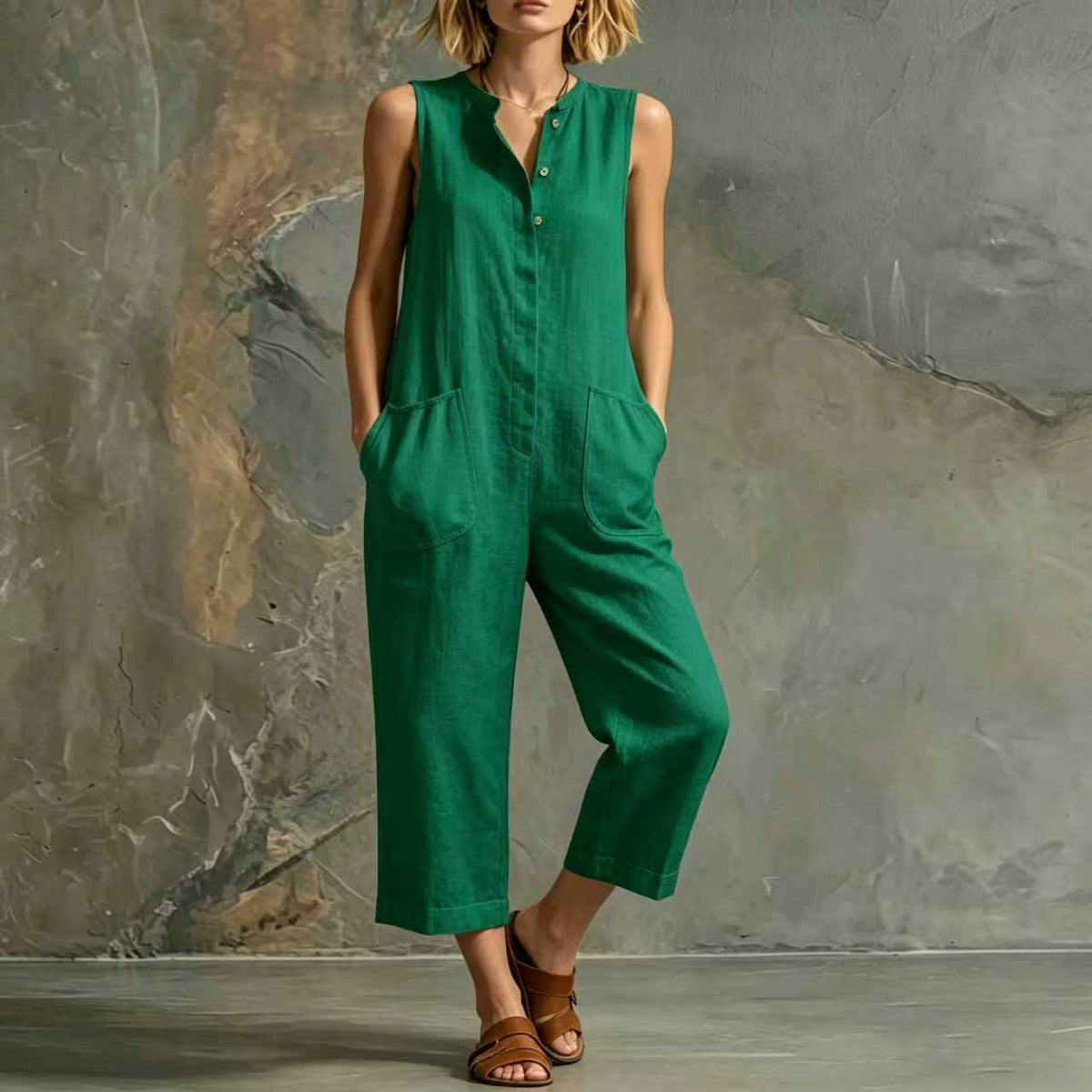 Retro Cotton-Linen Wide-Leg Cropped Jumpsuit