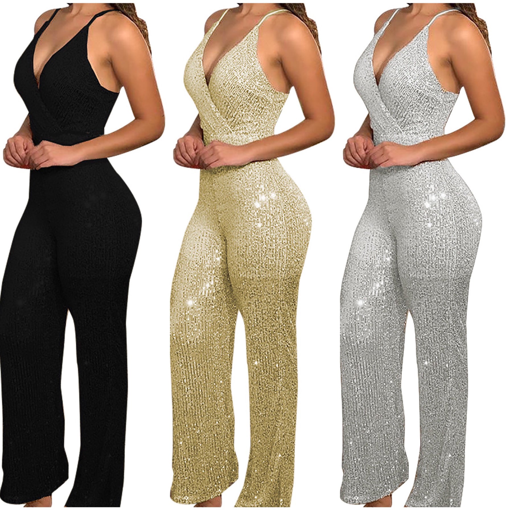 Womens Tight-fitting Sequin V-neck Bodycon Jumpsuit