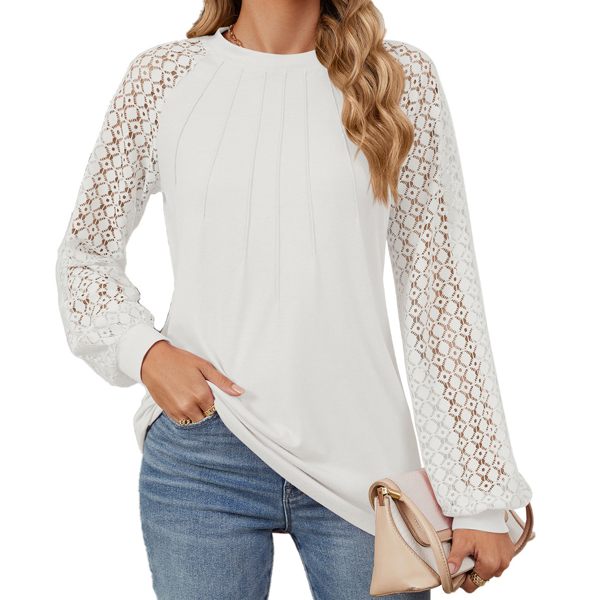 Chic Lace Long Sleeve Round Neck Pullover Top