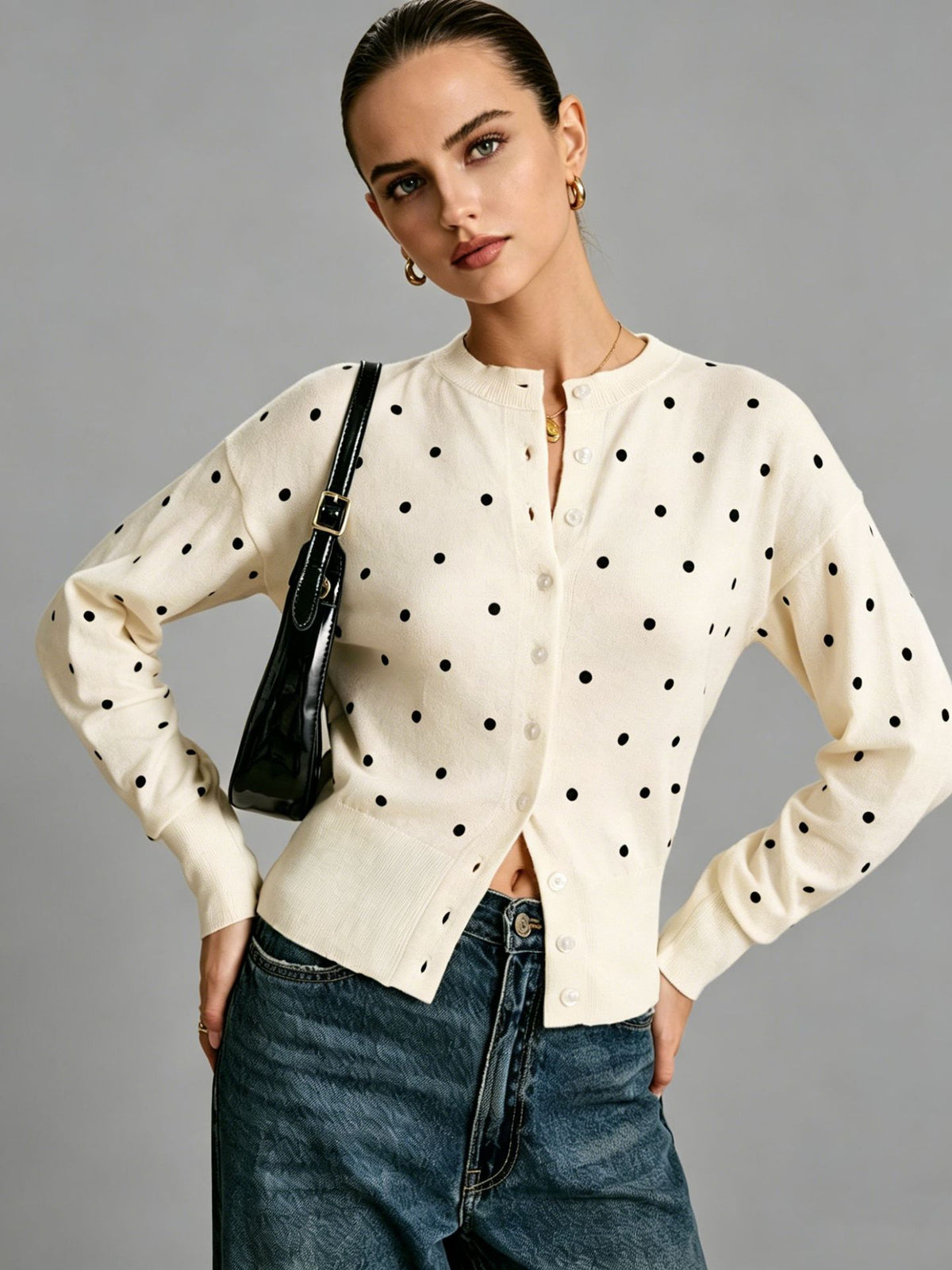 Round-neck Polka-dot Jacquard Vintage Casual Knit Cardigan