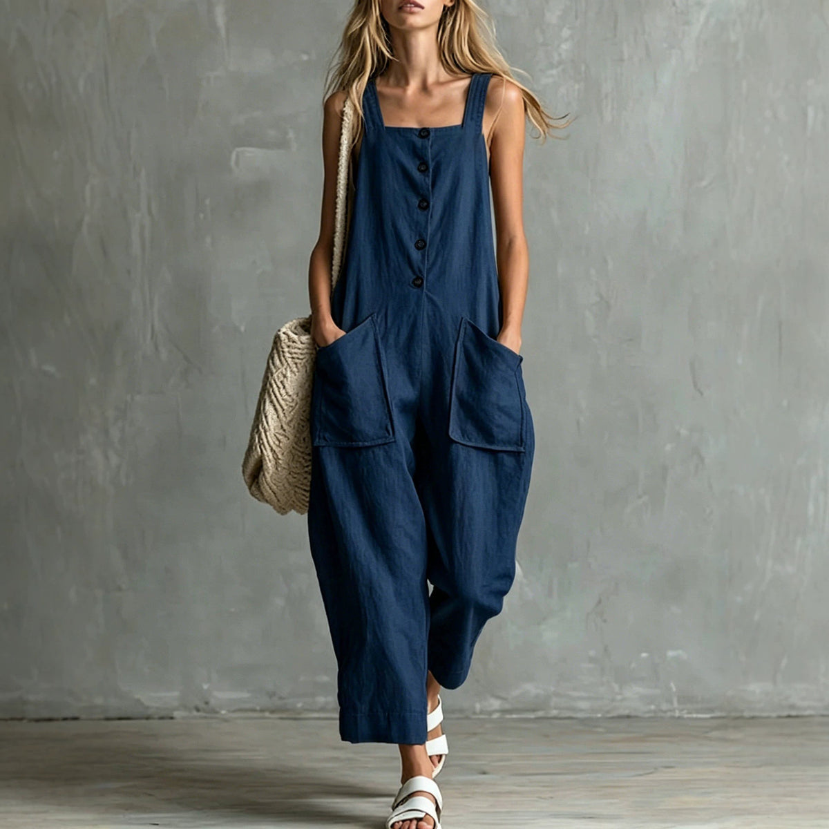 Wide-Leg Linen Overalls with Pockets