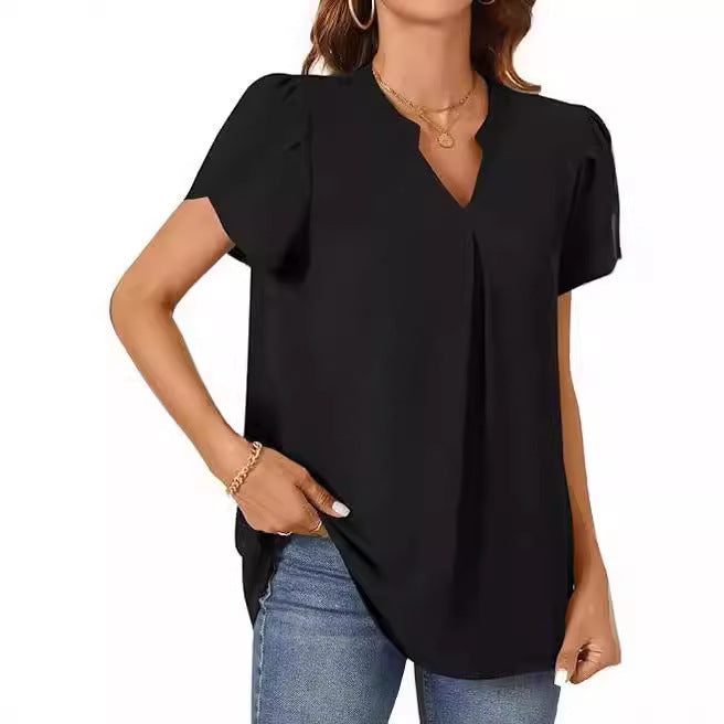 Chic V-Neck Petal Sleeve Loose Blouse for Women