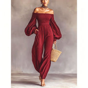 Elegant Off-Shoulder Pleated Long-Sleeve Jumpsuit