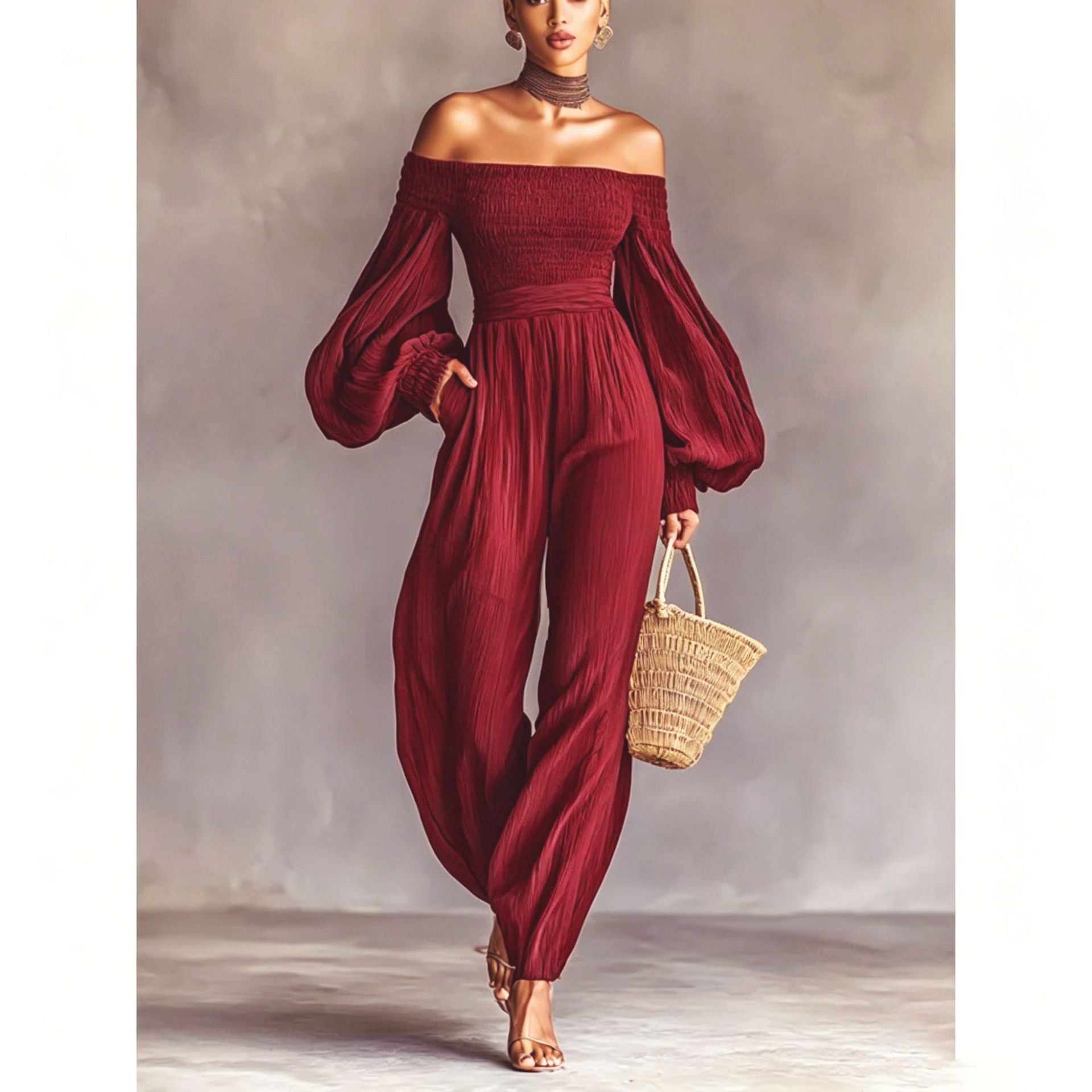 Elegant Off-Shoulder Pleated Long-Sleeve Jumpsuit