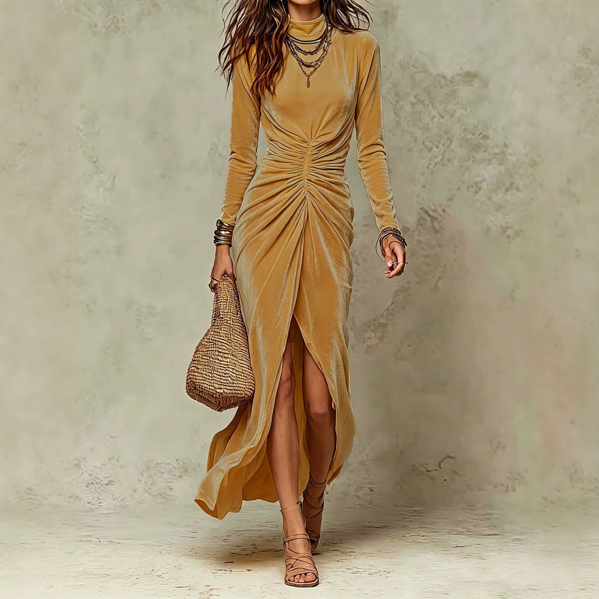 Half-high-neck Long-sleeve Pleated Waist-defined Slit Dress