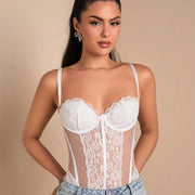 Pure Desire Wind Lace Floral Border Mesh Polka Dot Low-cut Jumpsuit With Steel Ring