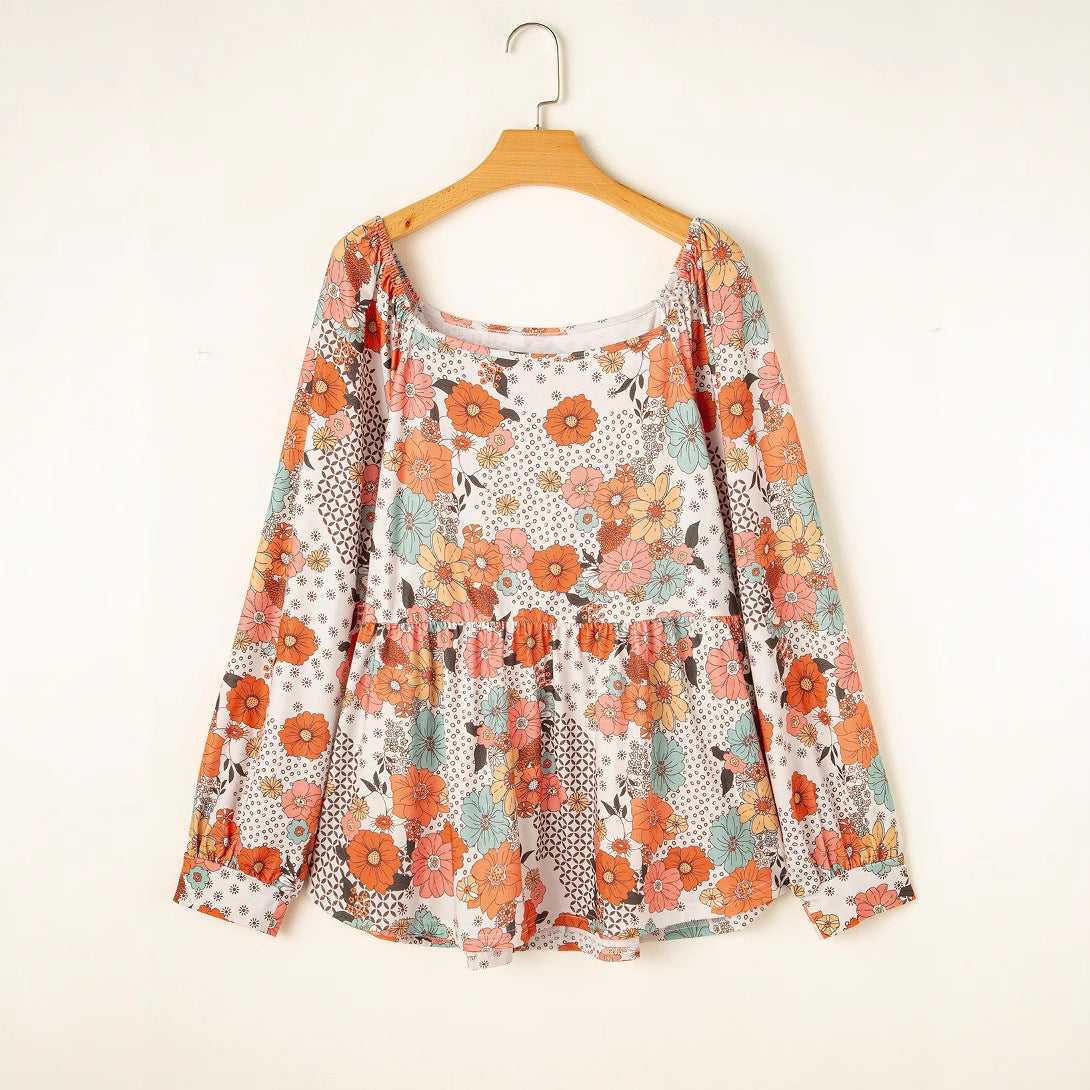 Women's Casual Loose Floral Printed Square Collar Chiffon Shirt