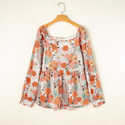 Women's Casual Loose Floral Printed Square Collar Chiffon Shirt