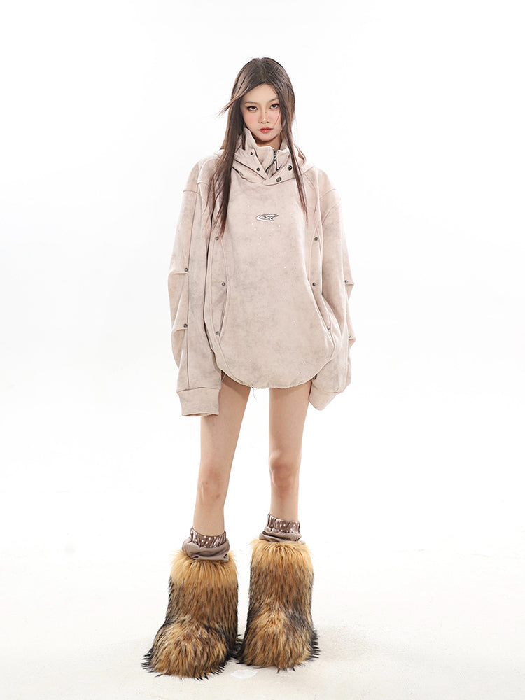 Double-Layer Hooded Turtleneck Pleated Couple's Sweater