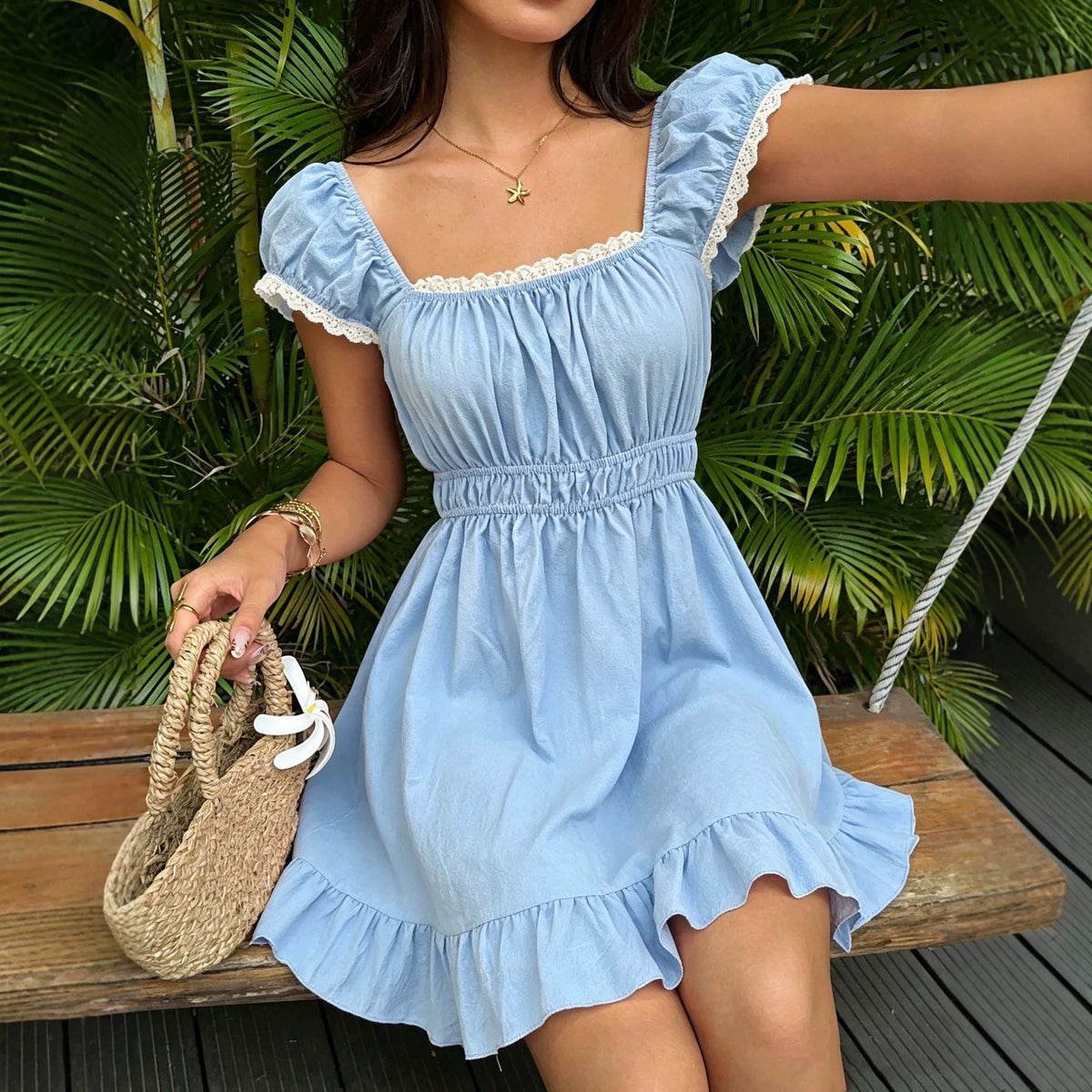 Summer French-style Square-neck Puff-sleeve A-line Dress for Women