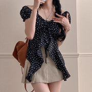 Floral Asymmetrical Top – French‑Style Puff Sleeve Chic