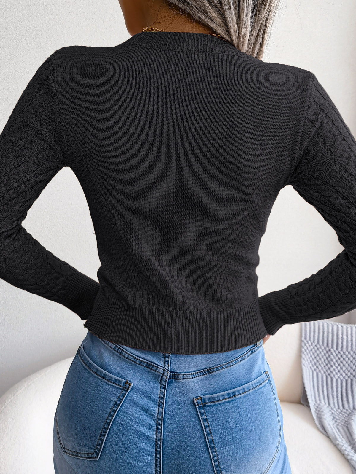 European & American Fashion Hollow Out Cable Knit Long Sleeve Sweater