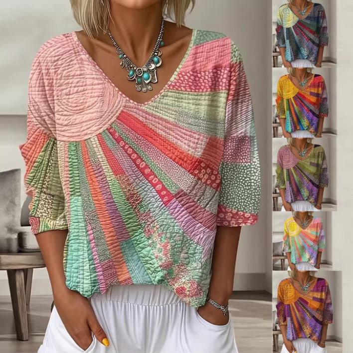 Retro Print Women's V-Neck Three‑Quarter Sleeve Top – Streetwear H‑Line