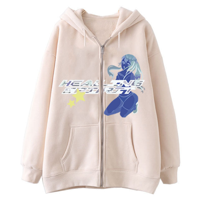 Butterfly Print Zip-Up Casual Hoodie