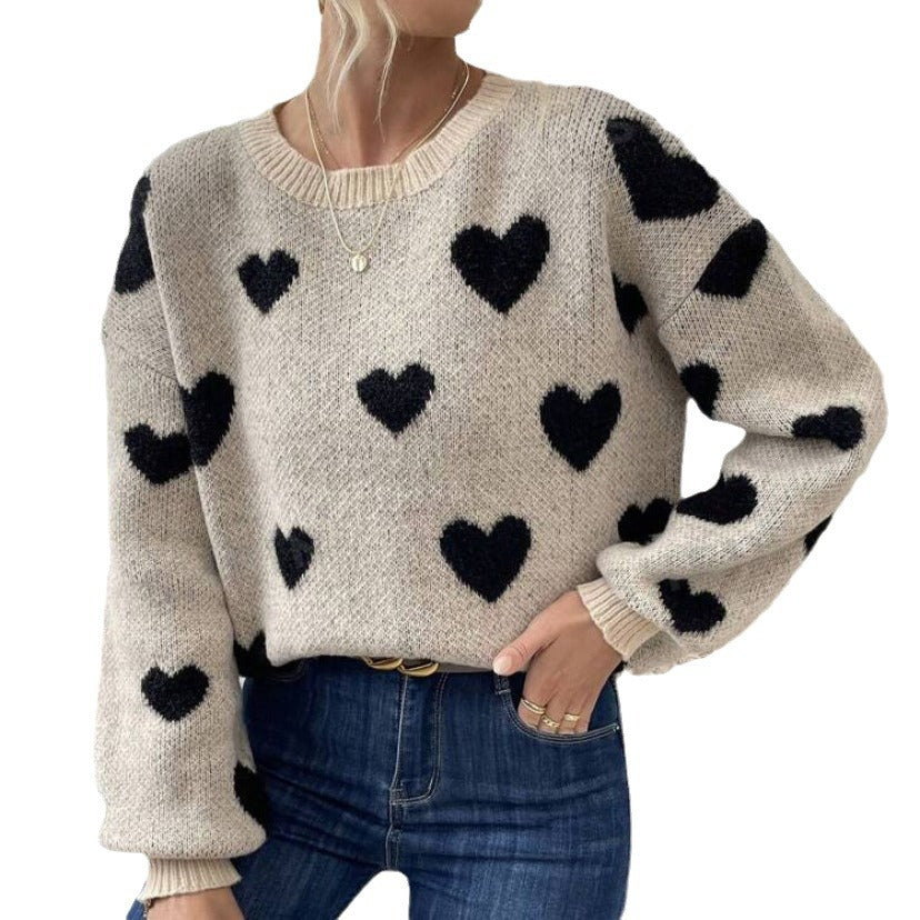 Round Neck Pullover All-matching Love Contrast Color Loose Casual Knitted Long Sleeve