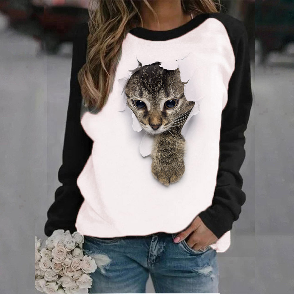 Cute Animal Print Crew Neck Sweatshirt for Women