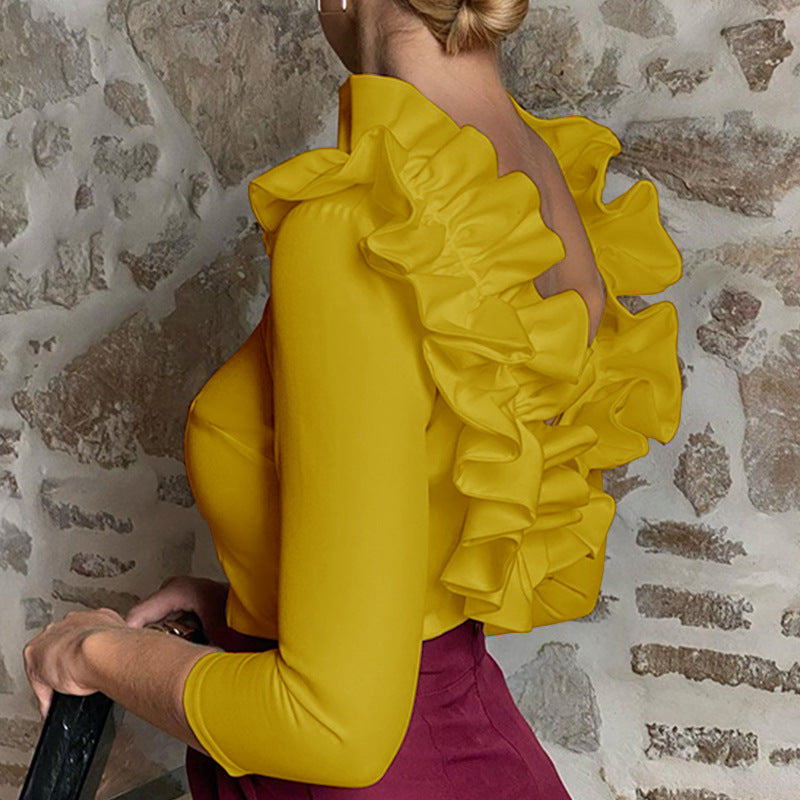 Elegant Ruffle Neck Women's Top Sexy Chic Blouse