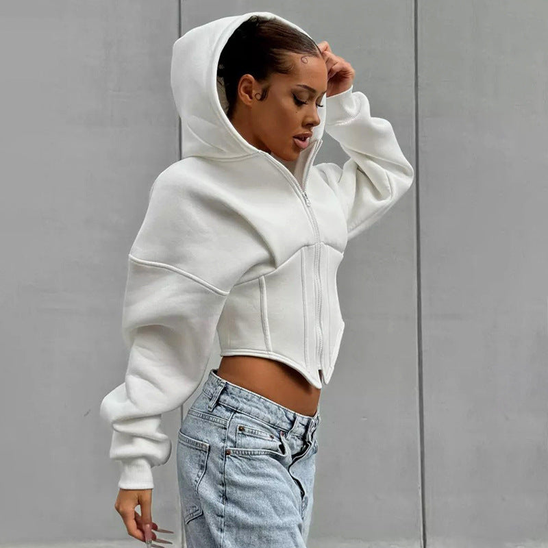 Women's Zip-Up Hooded Cropped Cardigan