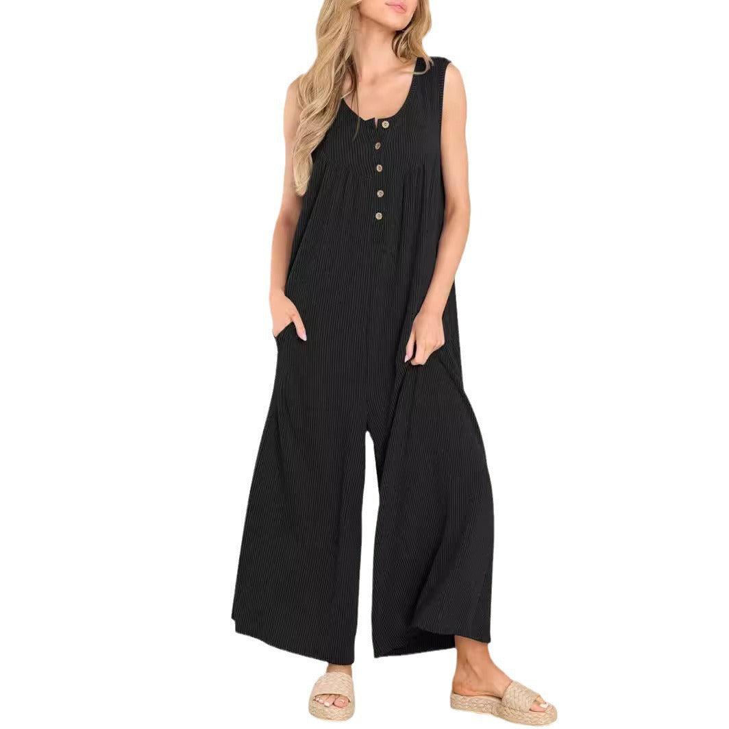 Summer European And American Style Fresh Casual Women's Pocket Jumpsuit