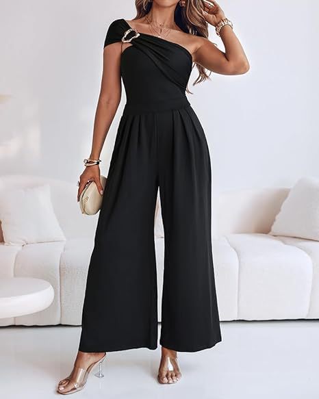 Metallic One-Shoulder Pleated Wide-Leg Jumpsuit
