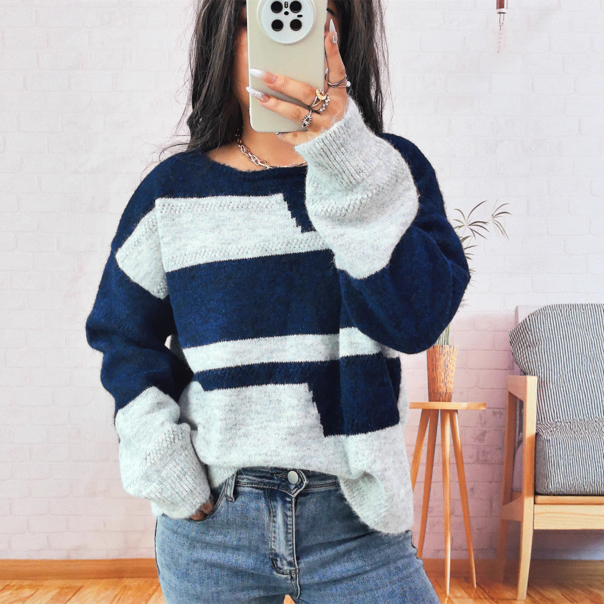 Simple Commute Irregular Contrast Color Round Neck Long Sleeve Sweater