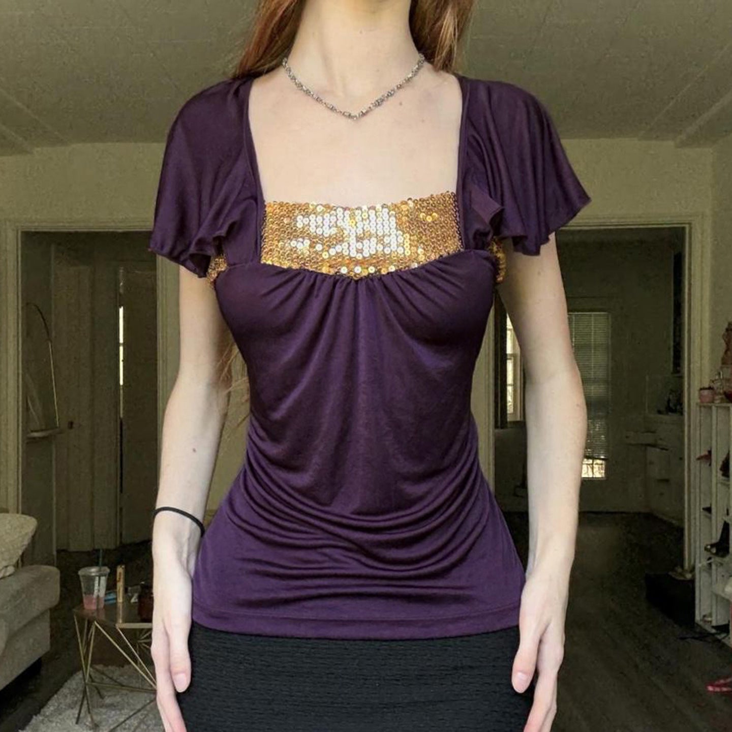 Vintage Ruffled Short-Sleeve Top – Purple Puff Sleeves, Slim Fit