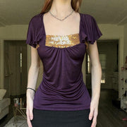 Vintage Ruffled Short-Sleeve Top – Purple Puff Sleeves, Slim Fit