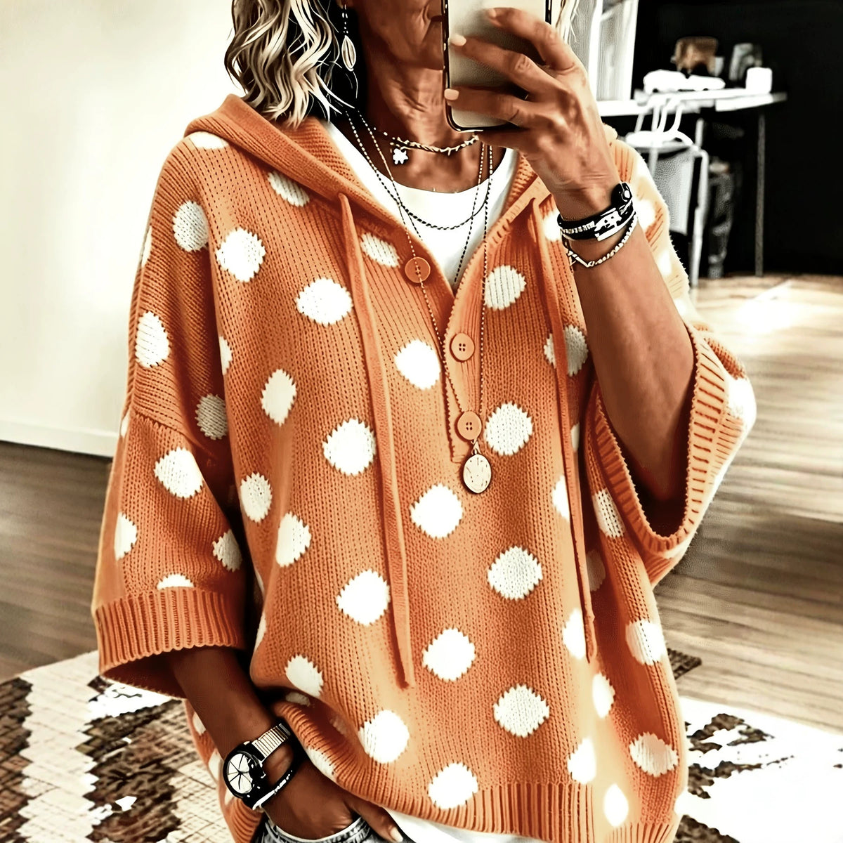 Elegant Casual-style Loose-fit Polka-dot Hooded Knit Top with Tie Details