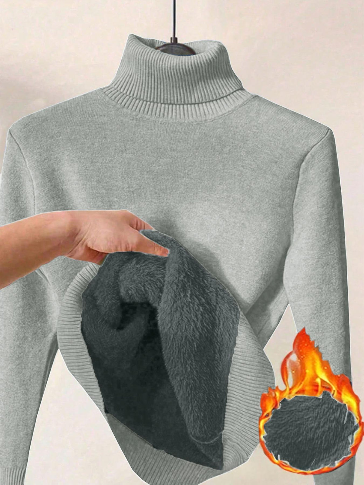 Womens Solid-color Thermal Turtleneck Fleece-lined Sweater
