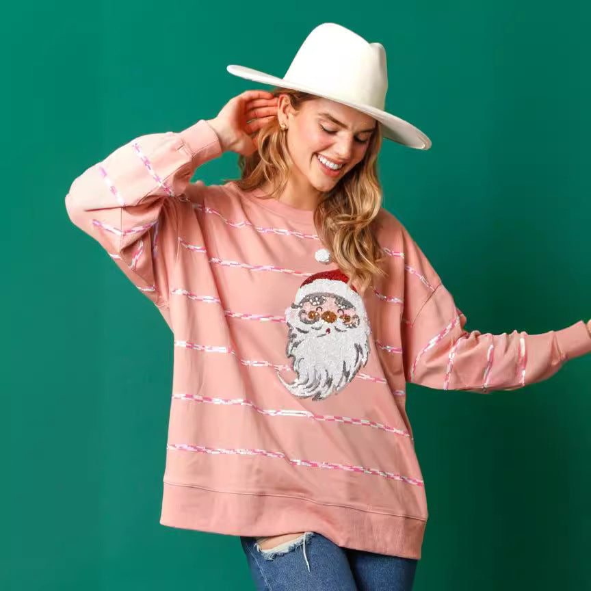 Festive Sequined Christmas Striped Long Sleeve Top